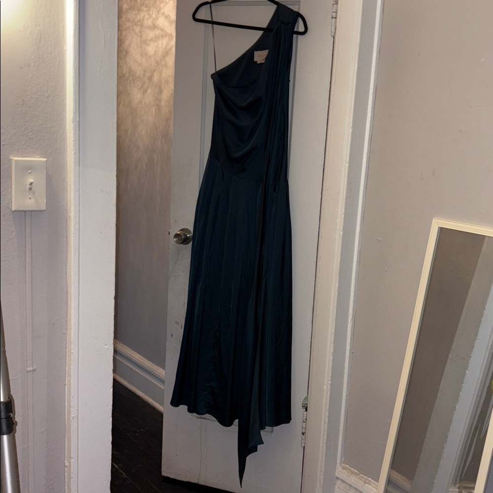 BHLDN one shoulder scarf maxi dress dark green wedding cocktail party size large - Picture 3 of 10